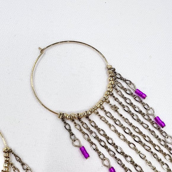 NWT - Haskell - Large Gold Tone Hoop Pink Beaded Chain Dangle Earrings - Picture 7 of 8